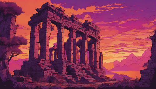 A vibrant comic-style illustration of majestic ancient ruins silhouetted against a breathtaking sunset. The sky is a palette of fiery oranges, deep purples, and soft pinks that illuminate the crumbling stone structures. Intricate vines creep over the weathered surfaces, while exotic wildlife adds life to the scene, capturing the essence of adventure and mystery amidst the fading light.