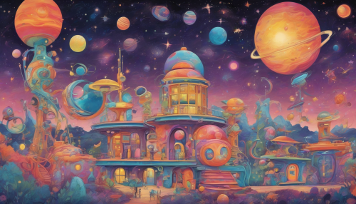 Imagine a vibrant celestial observatory, its whimsical architecture blending lowbrow art aesthetics with surreal cosmic elements. Bright colors swirl around telescopes adorned with quirky designs, while oversized planets and playful aliens cavort in the background. A night sky filled with twinkling stars casts a magical glow, inviting viewers into this enchanting fusion of humor and cosmic wonder.