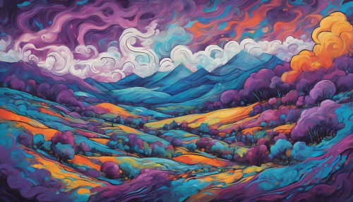 Imagine a vibrant, hand-drawn landscape where swirling, electric storm fields stretch across the horizon. Flickering bolts of blue and purple lightning dance in the sky, illuminating whimsical trees and hills with exaggerated shapes. Clouds are thick and textured, contrasting against the playful strokes of the foreground, creating a mesmerizing clash of nature's fury and artistic charm.