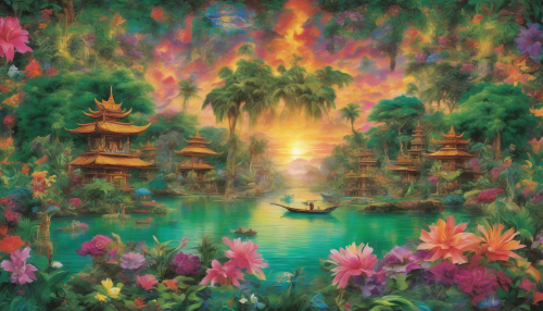 Envision a serene emerald lagoon, its shimmering waters reflecting a kaleidoscope of cultures. Ancient totems rise from the banks, adorned with vibrant tapestries from diverse traditions. Lush greenery surrounds the lagoon, interspersed with exotic blooms from around the world. The sky transitions into a colorful sunset, merging motifs of different heritages, creating a harmonious tapestry of culture and nature.