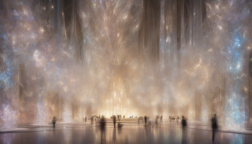 In the heart of the Underground Crystal Cathedral, a dazzling assembly of crystalline formations converges, their facets glimmering amidst an ethereal glow, as gentle, luminescent mist swirls around the majestic structures.