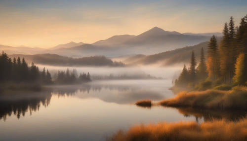 A serene mountain landscape at dawn, with misty fog rolling over rolling hills, warm golden light peeking through trees, and a tranquil lake reflecting the vibrant sky, inviting a sense of peace and wonder.