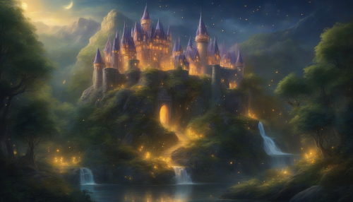 A majestic, glowing castle rises from a mystical forest, surrounded by twinkling fireflies and illuminated by a soft, ethereal moonlight that casts an enchanted glow on the lush, vibrant foliage and shimmering waterfalls.