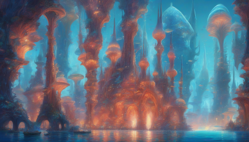 Glowing coral spires rise from the ocean floor, supporting a futuristic city of iridescent domes and sweeping arches, as soft blue light dances across the waves, illuminating a vibrant metropolis teeming with marine life.