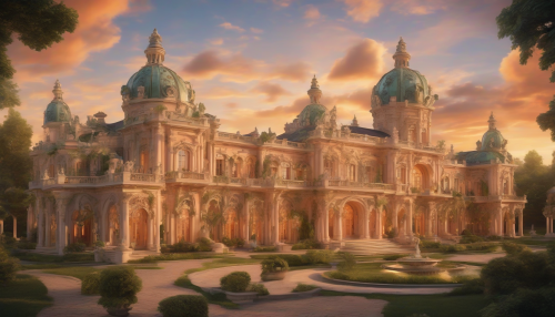 A warm, sunset-lit Baroque palace with intricate stone carvings, grand fountains, and lush greenery, set against a soft, orange-hued sky with fluffy clouds, evoking a sense of serenity and opulence.