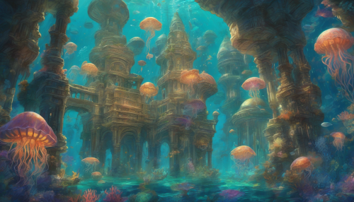 In a breathtaking aquatic realm, a grand underwater palace emerges from vibrant coral reefs, where colorful sea creatures swirl around elegantly. Groups of adventurers, dressed in diving suits, explore the ornate, bioluminescent architecture adorned with shimmering pearls. Glowing jellyfish float gracefully in the background, casting ethereal lights, while ancient statues whisper tales of forgotten civilizations, inviting viewers into this enchanting underwater world.