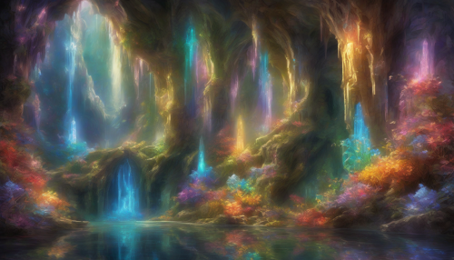 Deep within a mystical underground cavern, an ethereal cathedral of glistening crystals rises majestically. Radiant light refracts through the intricate formations, casting a kaleidoscope of colors on the damp stone walls. Vines of luminescent flora weave through the crystalline structures, while gentle waterfalls cascade, adding a serene melody to this enchanting realm, where fantasy and nature harmoniously intertwine.