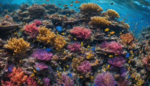 Vibrant prismatic coral reefs rise like stained glass columns, refracting divine light, as sea fans sway in reverence, and schools of fish dance in shimmering harmony, evoking an underwater sanctuary of breathtaking beauty.