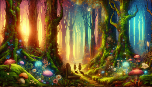 Imagine a vibrant enchanted forest where towering trees, dripping with luminescent moss and whimsical flora, intertwine with retro aesthetics. Soft pastel colors and nostalgic patterns dance through the air, while playful creatures don vintage attire, exploring their magical habitat. Sunlight filters through the old-growth canopy, casting a kaleidoscope of colors onto the forest floor, creating a dreamlike atmosphere.