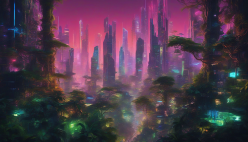 A futuristic cityscape merges with a lush, vibrant jungle, as neon lights dance across tree bark and skyscrapers pierce the canopy, blending technology and nature in a mesmerizing, surreal landscape of contrasts and harmony.