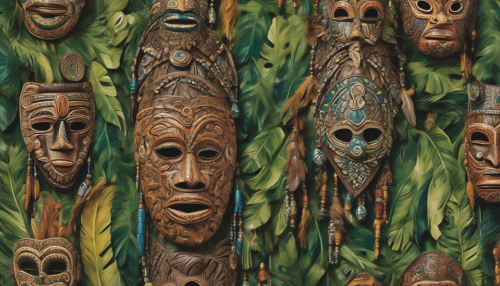 Exotic patterns and colors dance across intricately carved wooden masks, adorned with feathers and beads, set against a lush, green jungle backdrop, evoking the rich cultural heritage of tribal African art.