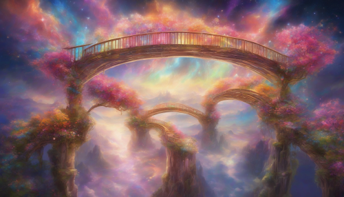 Imagine a breathtaking sky bridge stretching across the heavens, woven from strands of shimmering light and clouds. It connects vibrant realms of imagination where hope blooms in ethereal flowers and whispers of dreams float like gentle breezes. The scene is illuminated by a soft, celestial glow, as colorful auroras dance above, inviting wanderers to explore the magic within.