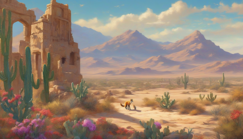 Envision a vast, golden desert under a brilliant blue sky, where intricate ruins of a long-lost civilization emerge from the sands. Vibrant flora, including cacti with blooming flowers and creeping vines, intertwine with weathered stone structures. Distant mountains form a majestic backdrop, while a lone, regal fox weaves through the scene, embodying the spirit of the untamed wilderness.