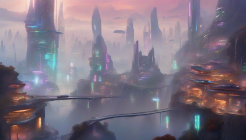 A futuristic village clings to fog-shrouded cliffs, with neon-lit skyscrapers and holographic advertisements piercing the misty veil, as sleek monorails whisper through the fog, connecting the city's vibrant, high-tech hubs.