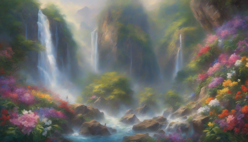 A breathtaking scene unfolds as vibrant, cascading waterfalls tumble down rocky cliffs, surrounded by lush greenery and blooming flowers. Ethereal light filters through the mist, revealing figures from diverse backgrounds coming together, reflecting unity amid nature’s beauty. Their joyful expressions convey hope and resilience, illustrating the power of collaboration in overcoming social issues, with the enchanting water amplifying their spirit.