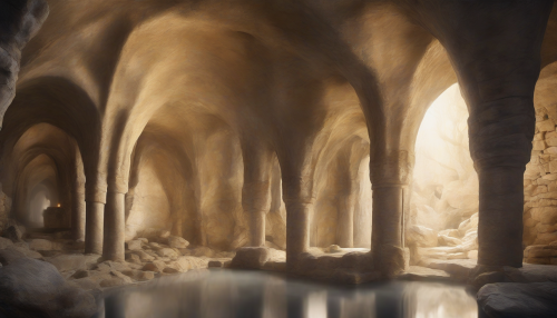 In a mystical realm, medieval arches and vaults are bathed in an soft, ethereal glow, as luminous cave formations illuminate ancient stone walls, creating an otherworldly ambiance of shimmering beauty and wonder.