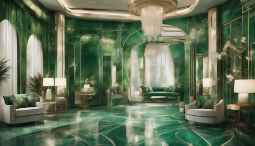 Luxurious Art Deco patterns dance across the walls, as the soothing essence of Emerald Lagoon dominates the space, evoking a sense of serene opulence and timeless elegance.