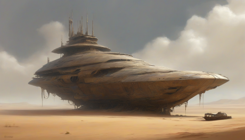 In a desolate landscape, an abandoned starship sits in silent solitude, its metallic hull rusted and worn, yet still magnificent. The minimalist approach emphasizes the vast emptiness around it, with endless dunes of sand stretching towards a dramatic, cloud-streaked sky. Sparse vegetation clings to life at the ship's base, whispering tales of its once-glorious journeys through the cosmos.