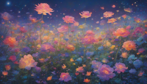 A lush, neon-lit garden at dusk, with gradient petals unfolding like rainbow-hued wings, softly glowing against a deep blue sky with scattered, shimmering stars and gentle, misty fog rolling in.