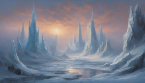 A breathtaking scene unfolds in a serene frozen tundra, where towering ice spires rise majestically against a twilight sky. The air is crisp, and delicate snowflakes drift gently, painting a soft layer over the rugged landscape. Emotional expressions emerge in the icy formations, capturing both beauty and solitude, inviting viewers to explore the depths of their own feelings against nature's stark yet stunning backdrop.