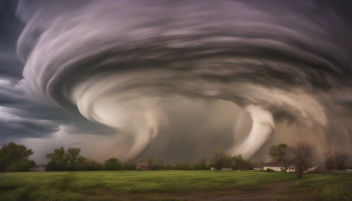 Capture a mesmerizing scene where the calm, swirling eye of a tornado is intertwined with the ethereal beauty of long exposure photography. The surrounding chaos of wind, rain, and debris blurs into vibrant streaks of color, highlighting the serenity at the center. Wisps of clouds spiral dramatically, creating a striking contrast between turbulence and tranquility in this atmospheric masterpiece.