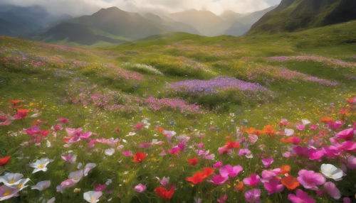 In the Hidden Valley of Flowers, delicate petals unfold, and vibrant hues dance under the warm sun, as gentle breezes whisper through the lush meadow, weaving a serene tapestry of natural beauty and wonder.