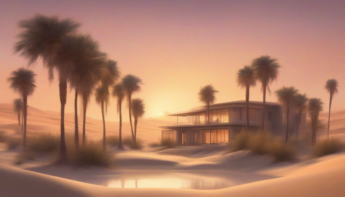 Softly glowing palm trees surround a tranquil oasis, minimalist architecture blending seamlessly into the endless dunes, as the warm desert sunset casts a mystical glow on the serene waters, inviting introspection.