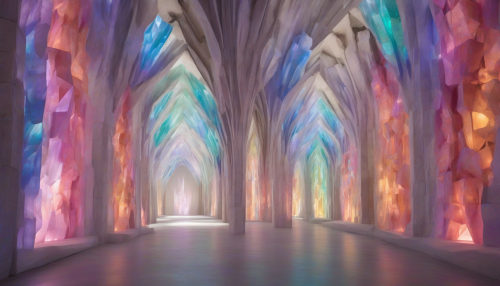 Envision a stunning underground cathedral, where towering crystalline structures glisten with iridescent light. This installation art piece melds natural and geometric forms, with prisms refracting colors across the space. Shadows dance elegantly on the rough-hewn stone walls, while soft, ambient sounds echo in the vastness, creating an ethereal atmosphere that invites contemplation and awe.