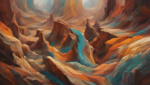 A mesmerizing fusion of ancient canyon landscapes and geometric patterns, evoking a sense of mystical connection to the natural world, where swirling shapes and vibrant colors dance across the rugged terrain, inviting the viewer to step into an otherworldly realm of wonder and discovery.