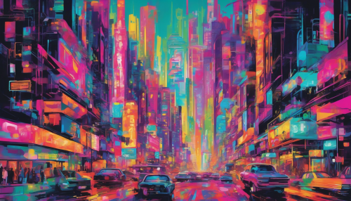 A bustling metropolis comes alive with bold colors, eclectic patterns, and dynamic shapes, as neon lights reflect off sleek skyscrapers and lively billboards, capturing the essence of a thriving urban landscape in a kaleidoscope of pop art glory and frenetic energy.