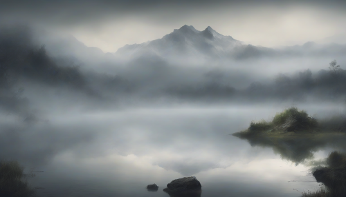 A serene Hidden Mountain Lake shrouded in mist, its tranquil surface mirroring the anguish of the Sorrow and Struggle style, as if the water's depths held the weight of a thousand unspoken sorrows, whispering tales of adversity and resilience.