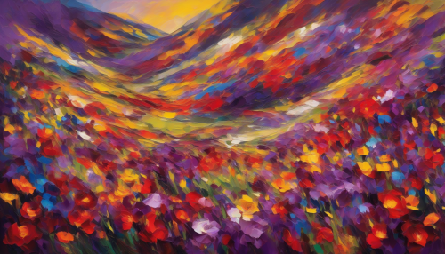 Capture the breathtaking Hidden Valley of Flowers through an expressionist lens, where vivid colors explode across the canvas. Swirling strokes of deep purples, fiery reds, and bright yellows depict the blooming flowers, while abstract shapes evoke the sense of movement and life. This immersive scene invites viewers to feel the joy and serenity within nature's vibrant tapestry, transcending reality.