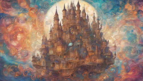 Imagine a fantastical castle, intricately hand-drawn with swirling spires and ornate turrets, suspended in a vibrant, shimmering time vortex. The vortex pulses with colors that blend and spiral, reflecting moments from various eras. Ethereal clouds drift around the castle, while glowing clocks and gears float nearby, creating a mesmerizing scene that seems to defy reality and time itself.