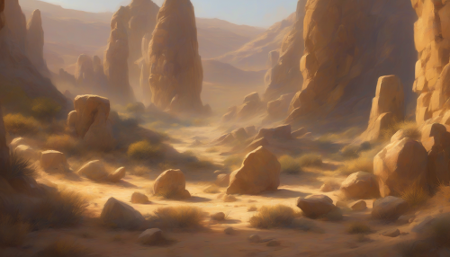 A serene, golden light bathes the vast, arid landscape of Mystic Canyon, as ancient, worn stones bear the whispers of forgotten prayers, and an otherworldly energy resonates through the air, invoking a deep sense of mysticism and wonder.