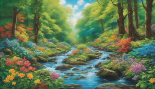 A serene forest awakens, with vibrant green trees, colorful flowers, and a bright blue sky, as a gentle stream flows, symbolizing the beauty and importance of preserving our delicate ecosystem and promoting environmental awareness.