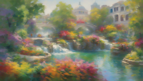 A vibrant scene unfolds in Whirlpool City, where swirling waters dance beneath a cascade of colorful, impressionistic brush strokes. The iconic architecture emerges softly in the distance, blending with the reflections on the water's surface, as sunlight filters through the mist. Lush greenery and lively figures bustle about, creating a harmonious balance of energy and tranquility amidst the dynamic whirlpools.