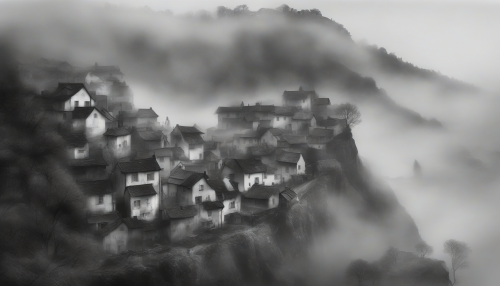 A foggy village clings to the rugged cliffside, shrouded in mist, with black and white hues evoking a sense of timeless serenity, as if the scene is suspended in a dreamlike state, with vague outlines of houses and trees emerging from the eerie stillness.