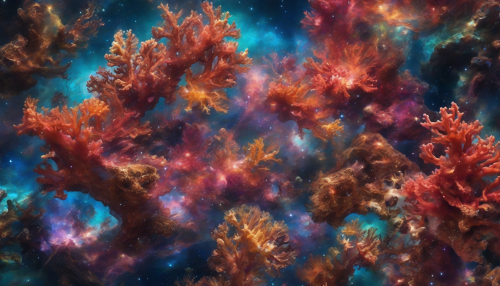 Vibrant prismatic coral reefs swirl through the galaxy, as nebulae and stardust dance around them, creating an ethereal, shimmering spectacle that mesmerizes and transports all who witness its celestial beauty.