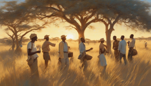 Warm sunlight casts a golden glow on the savannah, where a group of friends gather, laughing and chatting, surrounded by tall grasses and acacia trees, with a bright blue sky above, creating a sense of freedom and joy.