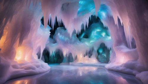 Imagine a mesmerizing scene where vibrant kinetic art meets the enchanting beauty of stellar ice caverns. Twisting, flowing sculptures of iridescent ice hang from luminous ceilings, reflecting starlight in a dance of colors. Ethereal mist swirls around, while crystalline formations pulse with energy, creating a dreamlike atmosphere that draws viewers into a breathtaking cosmic wonderland.