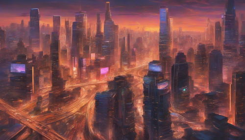 A bustling metropolis comes alive at dusk, with neon lights dancing across skyscrapers, cars streaming down highways, and people from all walks of life rushing to their destinations, set against a warm, golden sunset backdrop.