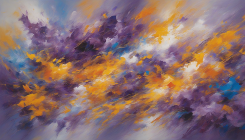 Swirling clouds of purple and blue dance across a canvas, punctuated by bursts of yellow and orange, evoking a sense of dynamic energy and movement in an abstract symphony of color and light.