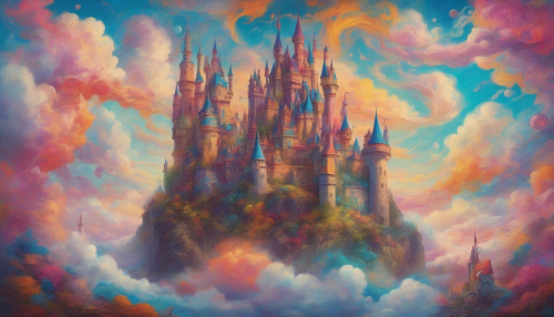 A vibrant, surreal castle floats amidst swirling clouds, its turrets and towers a mesmerizing blend of fantasy and Lowbrow Art, with bold colors and eclectic details, evoking a sense of wonder and enchantment in a boundless sky.