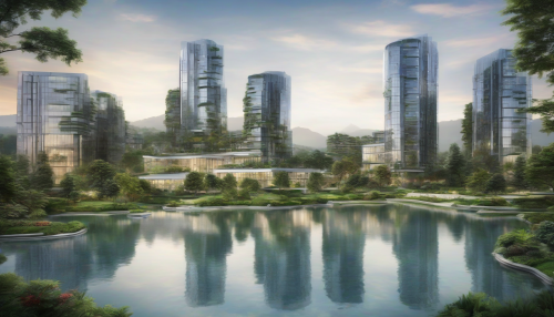 A serene mountain lake nestled within a modern corporate complex, surrounded by sleek glass towers and lush greenery, blending nature and innovation in harmony, as gentle ripples on the water reflect the vibrant cityscape.