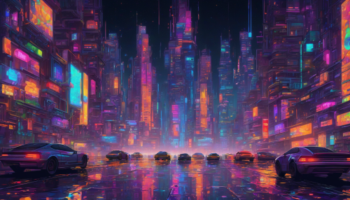 A vibrant, futuristic metropolis comes alive in pixel art, with towering skyscrapers, neon lights reflecting off wet pavement, and flying cars zipping by in a mesmerizing dance of color and light, set against a dark, starry night sky.