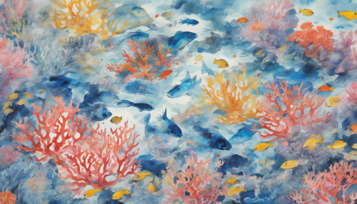 Dive into a mesmerizing fusion of traditional Chinese ink painting and vibrant coral reefs. The artwork captures the delicate brush strokes of ink, swirling gracefully around a kaleidoscope of coral colors—blues, pinks, and yellows. Fish dart among the corals, their scales shimmering with iridescence, while a tranquil current flows through this enchanting underwater world, harmonizing nature's artistry.