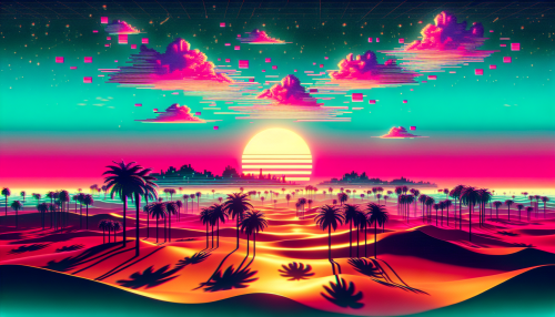 Immerse yourself in a surreal golden savannah landscape, bathed in vibrant pastel hues of pink and turquoise typical of vaporwave aesthetics. Silhouetted against a mesmerizing sunset, palm trees sway gently in the warm breeze, while digital retro elements like glitch art and pixelated clouds float above. This enchanting scene blends nature with an imaginative, nostalgic twist, inviting viewers to escape reality.