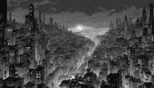 In the striking comic-style interpretation of the City of Eternal Night, the metropolis appears as a stark yet captivating illustration, painting a scene of perpetual darkness with sharp, contrasting lines and dramatic shadows. Vivid artwork brings to life the brooding skyline, gloomy alleyways, Gotham-like structures, and vibrant nightlife, erupting from the pages in a cascade of monochromatic tones. Despite its perpetual night, the city pulsates with energy and intrigue, each comic panel immersing readers in its unique, noir-inflected charm.