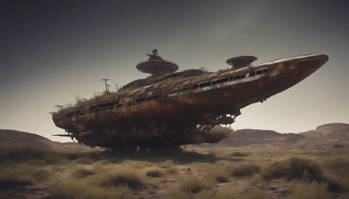 Capture the haunting beauty of an abandoned starship, set against a desolate landscape under a brilliant starlit sky. The rusting hull, overgrown with alien flora, tells tales of its cosmic journey. Emphasize the contrast of man-made technology against nature’s reclamation, with shadows and light playing across its surfaces, evoking a sense of nostalgia and mystery.