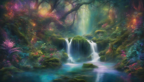 A mesmerizing blend of conceptual art and nature, this image captures an ethereal waterfall cascading through a lush, vibrant forest. The water shimmers with surreal colors, reflecting the light in unexpected ways, while whimsical flora surrounds the scene, inviting the viewer into a dreamlike realm. Mystical creatures peek through the foliage, enhancing the enchanting atmosphere.